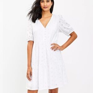 LOFT Eyelet Button Puff Sleeve Dress